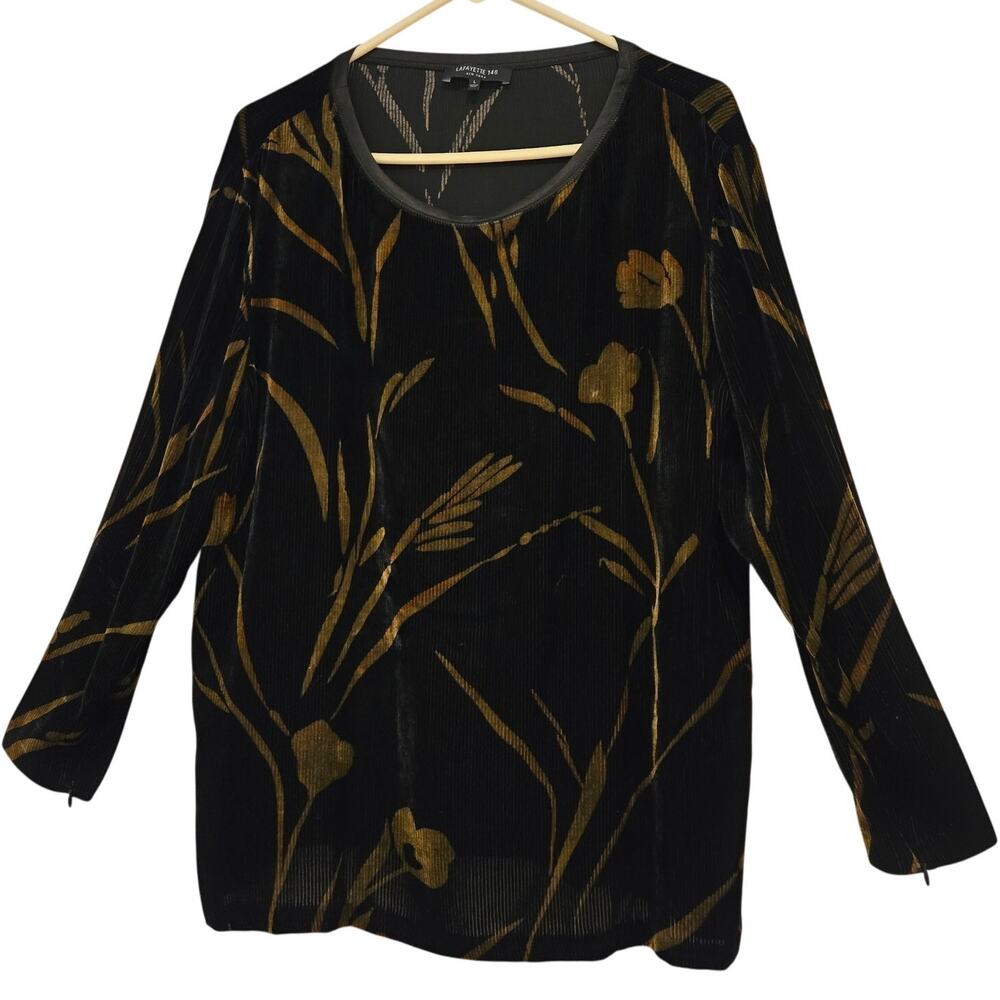 Lafayette 148 Black Viscose-Silk Flowy Relaxed Fit Velvet Floral Pattern Top - L - Picture 9 of 10